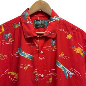 Gitman Bros Vintage Mens Large Red Floral Hawaiian Sailboat Airplane Rayon Shirt